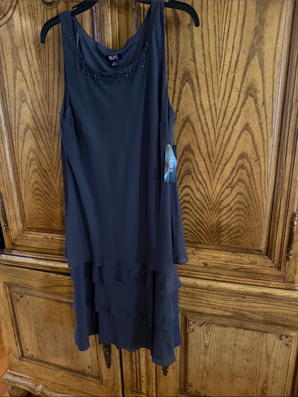 SLNY Gray Sleeveless Tiered Chiffon Dress with Beaded Scoop Neck